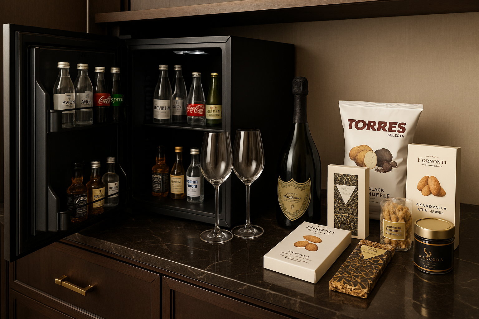 minibar with gourmet snacks